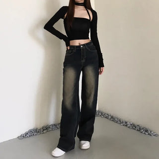 Vintage Washed Denim Wide Pants Petite Women Four