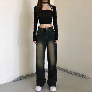 Vintage Washed Denim Wide Pants Petite Women Four
