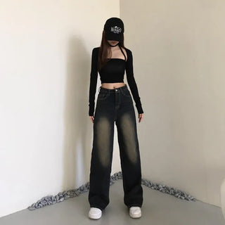 Vintage Washed Denim Wide Pants Petite Women Four