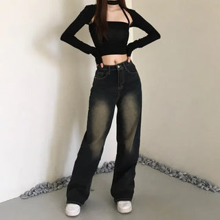 Vintage Washed Denim Wide Pants Petite Women Four