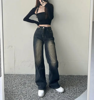 Vintage Washed Denim Wide Pants Petite Women Four