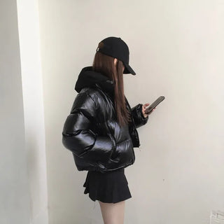 way zipper glossy short padded coat Wellon jacket
