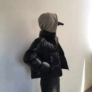 way zipper glossy short padded coat Wellon jacket