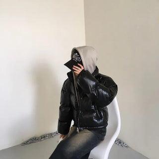 way zipper glossy short padded coat Wellon jacket