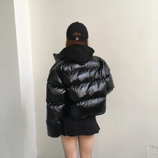 way zipper glossy short padded coat Wellon jacket