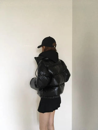 way zipper glossy short padded coat Wellon jacket