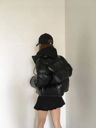 way zipper glossy short padded coat Wellon jacket