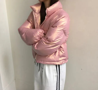 way zipper glossy short padded coat Wellon jacket