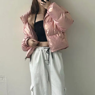 way zipper glossy short padded coat Wellon jacket