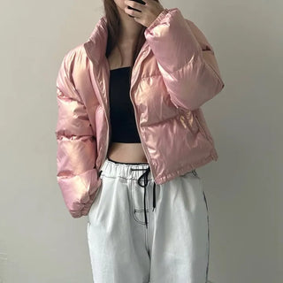 way zipper glossy short padded coat Wellon jacket