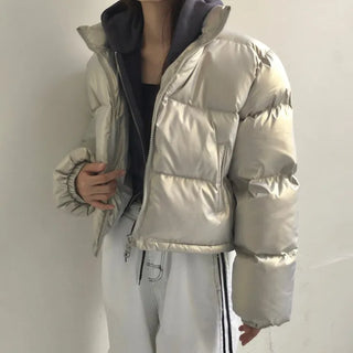 way zipper glossy short padded coat Wellon jacket