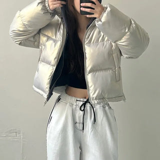 way zipper glossy short padded coat Wellon jacket