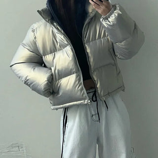 way zipper glossy short padded coat Wellon jacket
