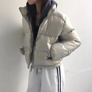 way zipper glossy short padded coat Wellon jacket