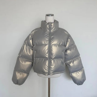 way zipper glossy short padded coat Wellon jacket
