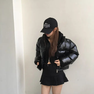 way zipper glossy short padded coat Wellon jacket
