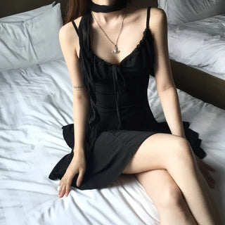 Fairy Ribbon shirring sleeveless mini flare dress party