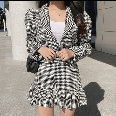 Houndstooth Crop Jacket & Frill Mini Skirt Two-Piece