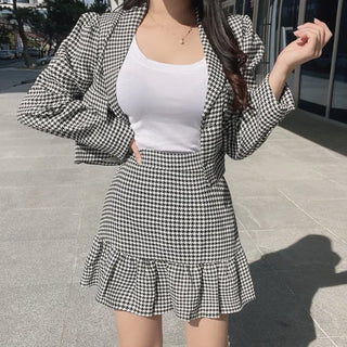 Houndstooth Crop Jacket & Frill Mini Skirt Two-Piece