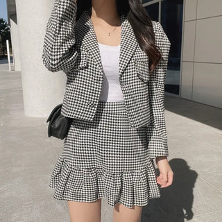 Houndstooth Crop Jacket & Frill Mini Skirt Two-Piece