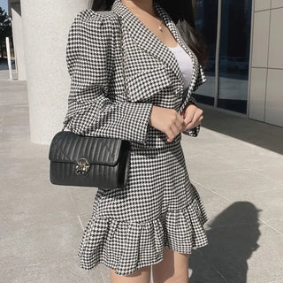 Houndstooth Crop Jacket & Frill Mini Skirt Two-Piece
