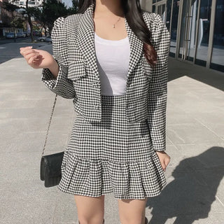 Houndstooth Crop Jacket & Frill Mini Skirt Two-Piece