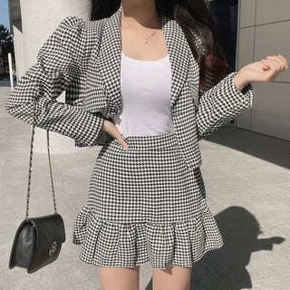 Houndstooth Crop Jacket & Frill Mini Skirt Two-Piece