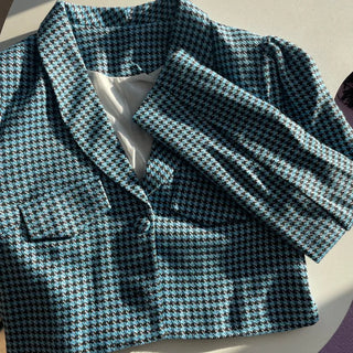 Houndstooth Crop Jacket & Frill Mini Skirt Two-Piece