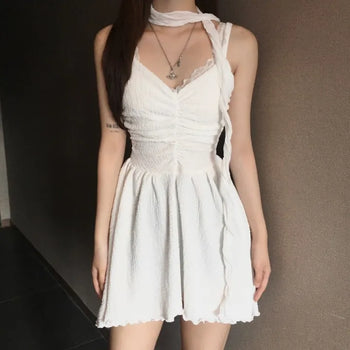 Angel Shirring Flare V-neck Mini Dress Asymmetrical Party