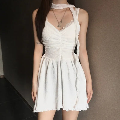 Angel Shirring Flare V-neck Mini Dress Asymmetrical Party