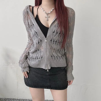 Two-way y2k mesh net knit hood zip-up