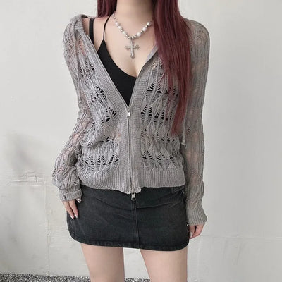 Two-way y2k mesh net knit hood zip-up