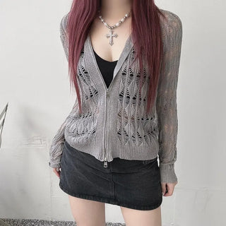 Two-way y2k mesh net knit hood zip-up