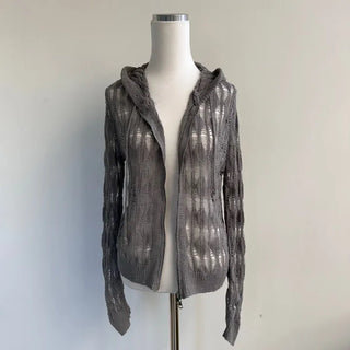 Two-way y2k mesh net knit hood zip-up