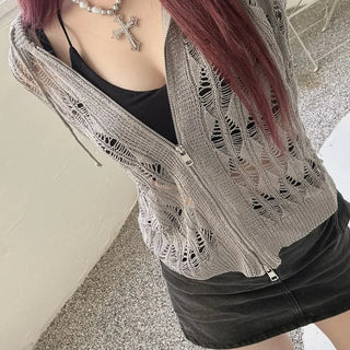 Two-way y2k mesh net knit hood zip-up