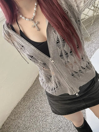 Two-way y2k mesh net knit hood zip-up