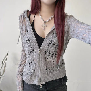 Two-way y2k mesh net knit hood zip-up