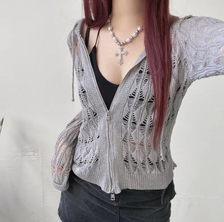 Two-way y2k mesh net knit hood zip-up