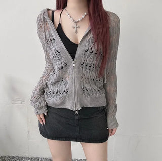 Two-way y2k mesh net knit hood zip-up