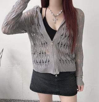 Two-way y2k mesh net knit hood zip-up