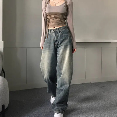 Vintage Brush Washing Wide Denim Pants Washed Jeans