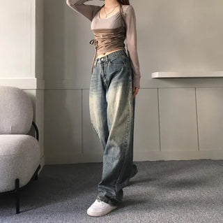Vintage Brush Washing Wide Denim Pants Washed Jeans