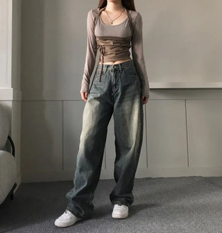 Vintage Brush Washing Wide Denim Pants Washed Jeans