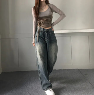 Vintage Brush Washing Wide Denim Pants Washed Jeans