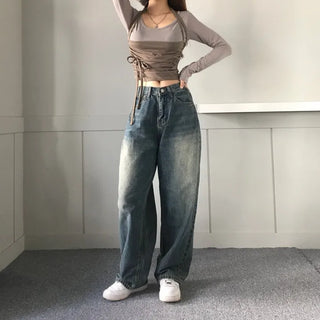 Vintage Brush Washing Wide Denim Pants Washed Jeans