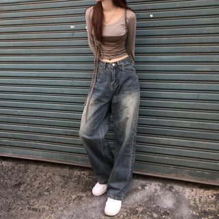Vintage Brush Washing Wide Denim Pants Washed Jeans