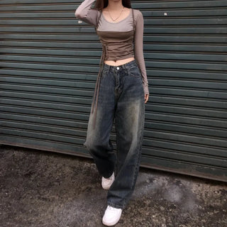 Vintage Brush Washing Wide Denim Pants Washed Jeans