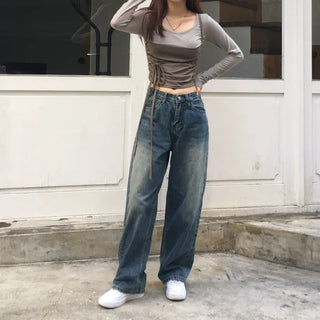 Vintage Brush Washing Wide Denim Pants Washed Jeans