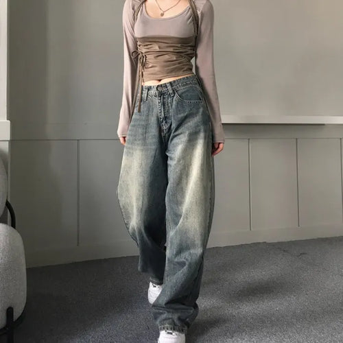 Vintage Brush Washing Wide Denim Pants Washed Jeans