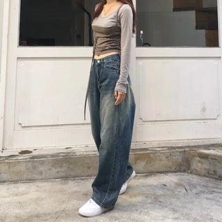 Vintage Brush Washing Wide Denim Pants Washed Jeans